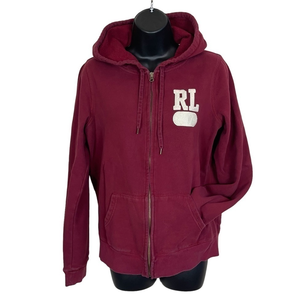 Well-loved Ralph Lauren wine red hoodie sweatshirt, size large.